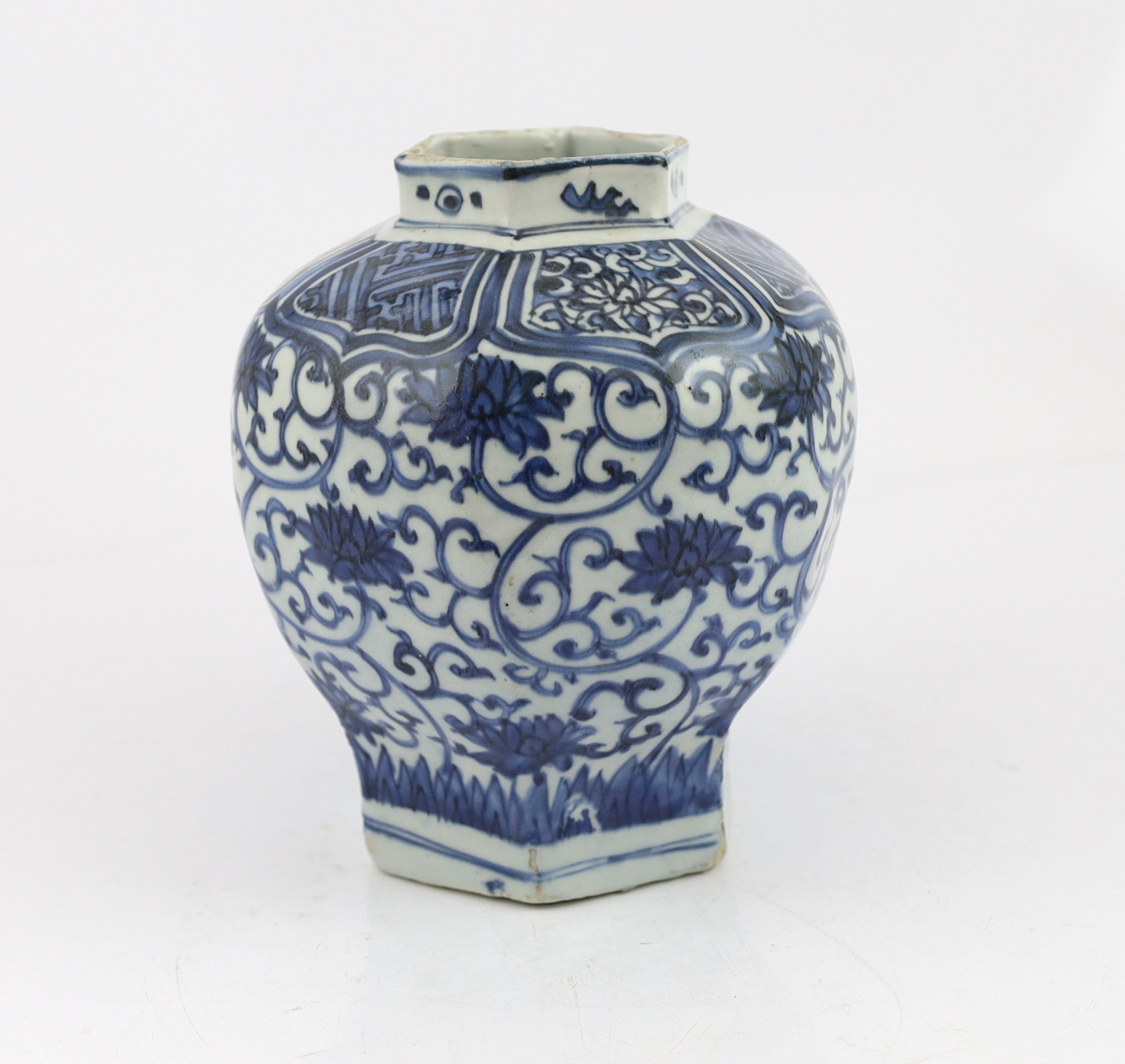 A Chinese Ming blue and white ‘lotus’ hexagonal vase, Wanli period (1572-1620)